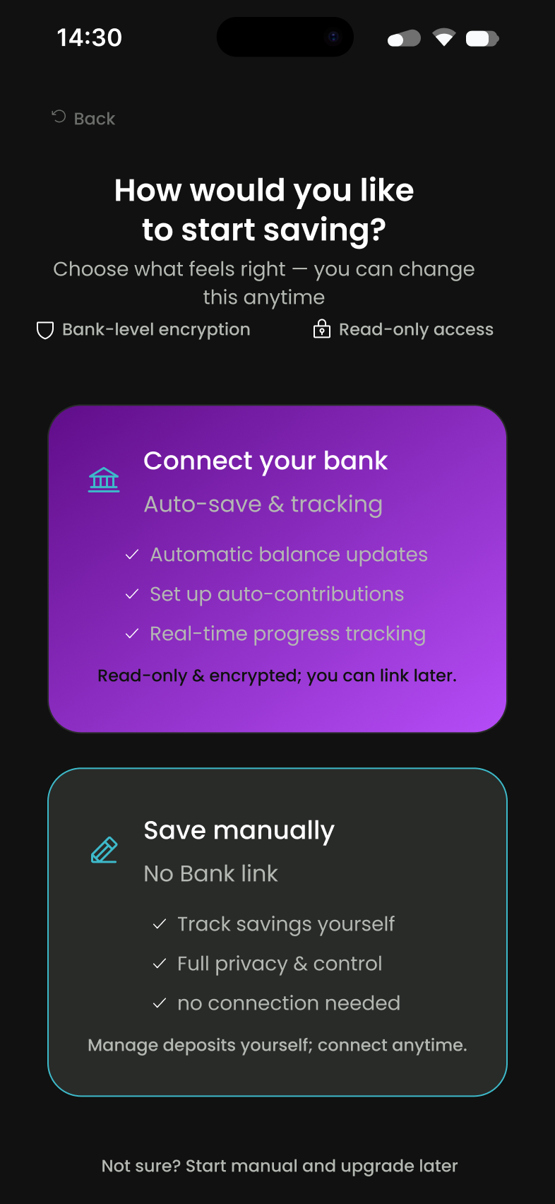 Choose how to start saving - connect bank or manual