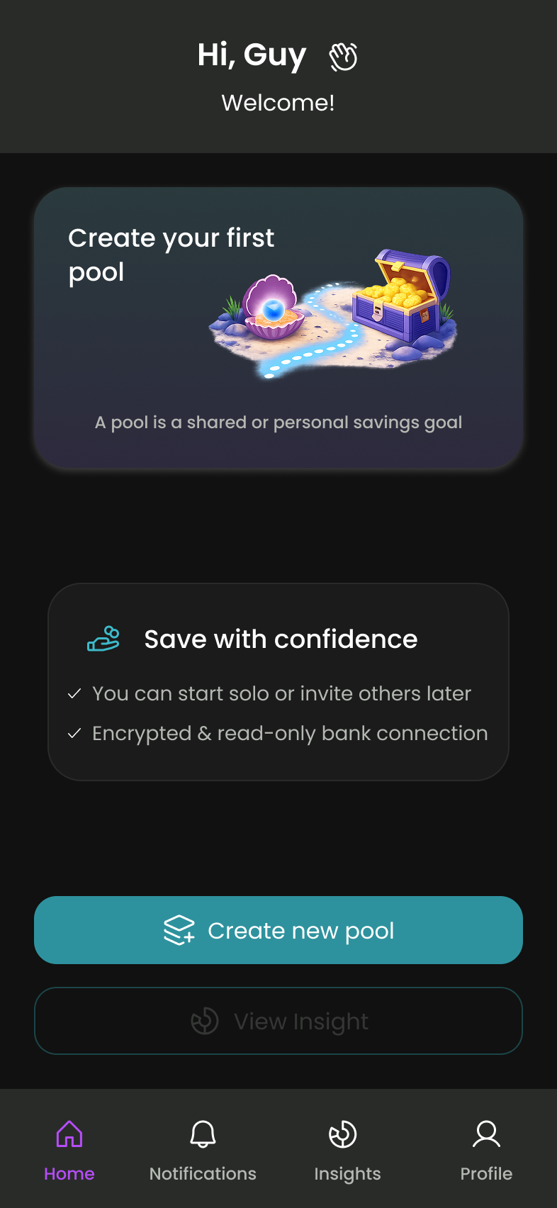 Pool home dashboard before the first pool