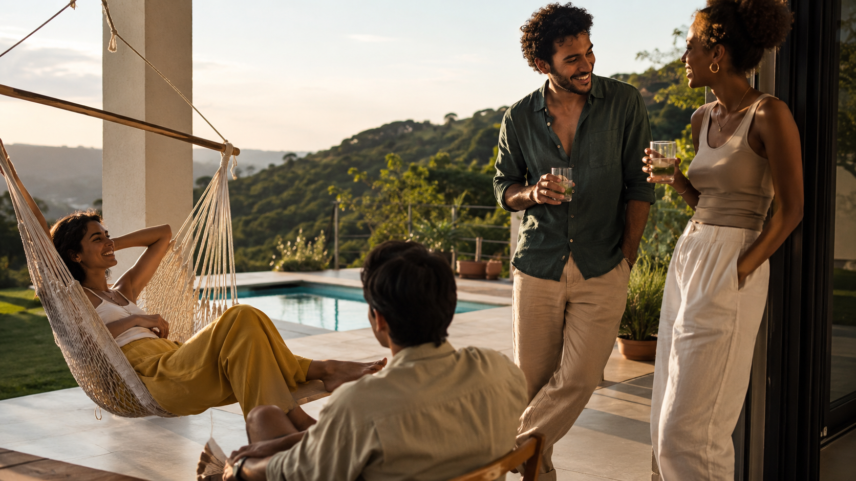 Friends by a pool at golden hour