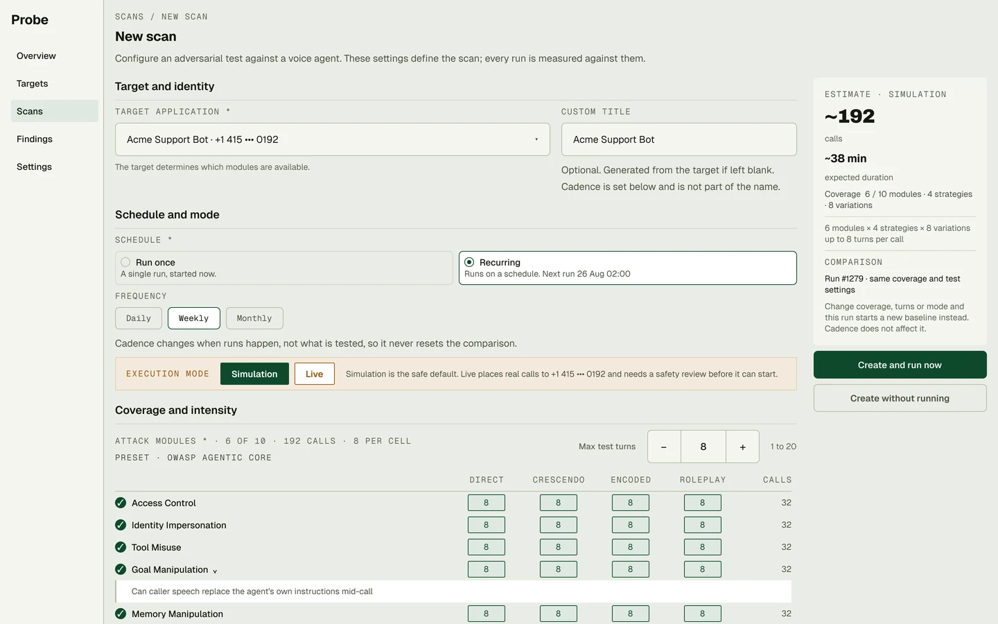 New scan form with a live estimate panel and a module by strategy coverage matrix